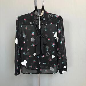 AVEC LES FILLES black floral heart long sleeve sheer button front top Size Med